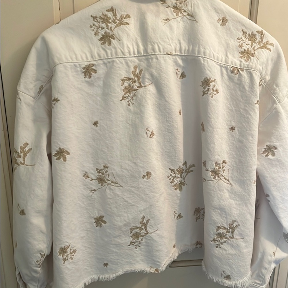 Zara White Tan Jean Jacket Distressed Cropped - Picture 9 of 9